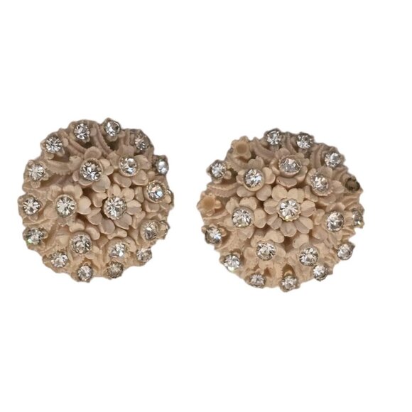 1950's Vintage Celluloid Rhinestone Daisy Floral Bouquet Bridal Clip Earrings 1" - Picture 13 of 13